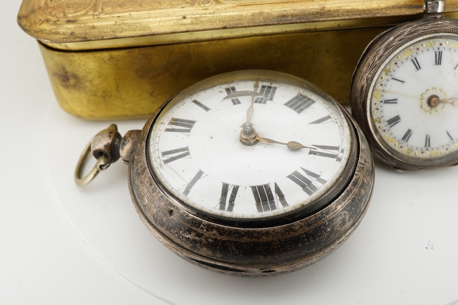 Two silver pocket watches and a 1914 Queen Mary Christmas box, comprising: a case silver pocket watch, London hallmarks, date letter for 1873; and an open-faced silver pocket watch, Swiss assay marks for silver; in a gil